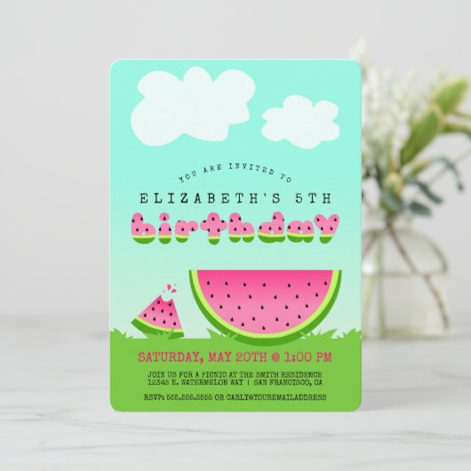 ピンクスイカ誕生日ピクニックパーティの招待状 招待状 (スタンド正面)