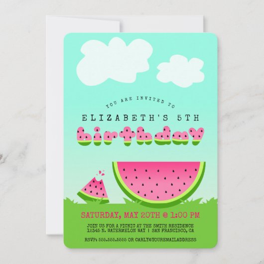 ピンクスイカ誕生日ピクニックパーティの招待状 招待状 (正面)