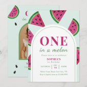ピンクスイカone+in+a+melon写真バースデー 招待状 (正面/裏面)
