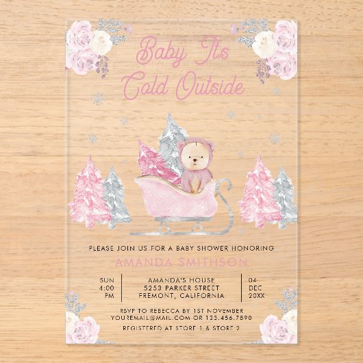 ピンクスイーかわいいテディベア赤ちゃんシャワー アクリル招待状 (正面)