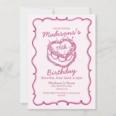 ピンクスイーツ16ハートコケットさくらんぼケーキ誕生日 招待状 (正面)