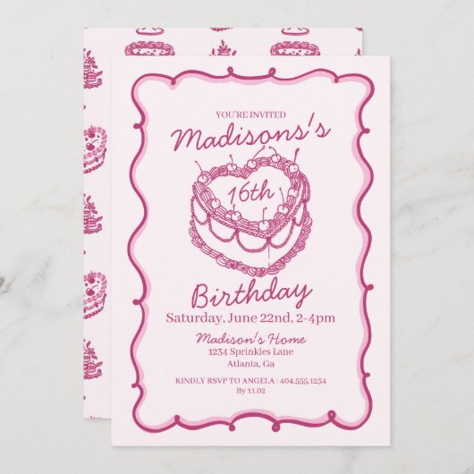 ピンクスイーツ16ハートコケットさくらんぼケーキ誕生日 招待状 (正面/裏面)