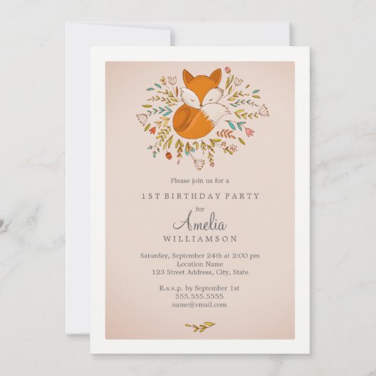 ピンクスイートウッドランドキツネファースト誕生日招待状 招待状 (正面)