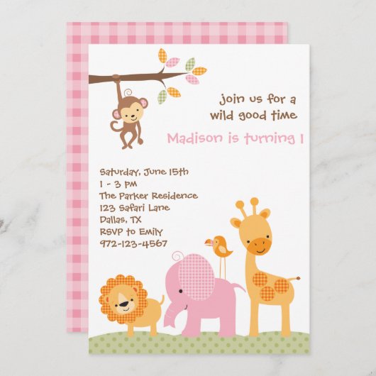 ピンクスイートサファリ招待状 招待状 (正面/裏面)