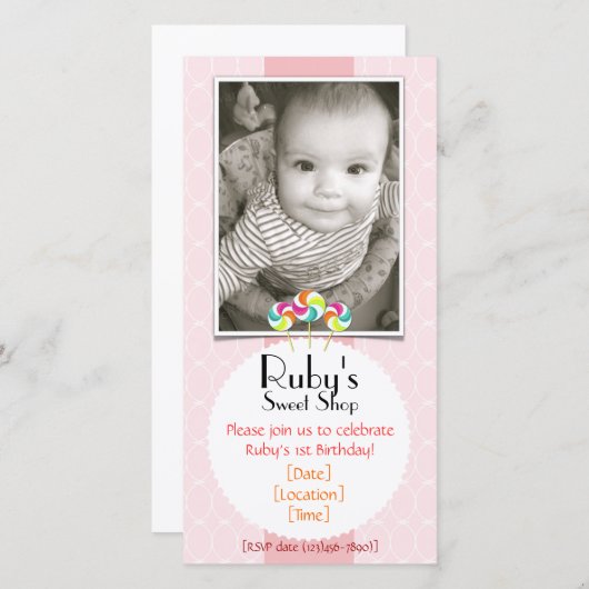 ピンクスイートショップ棒つきキャンデー誕生日パーティーの招待 (正面/裏面)