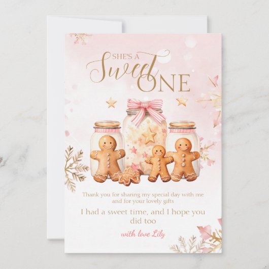 ピンクスイートジンジャーブレッドクリスマスガール誕生日 サンキューカード (正面)