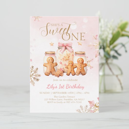 ピンクスイートジンジャーブレッドクリスマスガール誕生日 招待状 (スタンド正面)