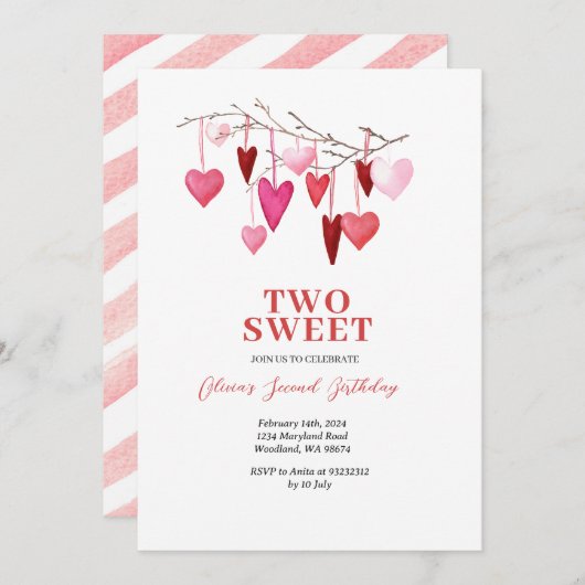 ピンクスイートツーバレンタインハートバルーン誕生日 招待状 (正面/裏面)