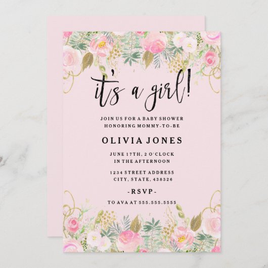 ピンクスイートフローラその女の子ベビーシャワー招待状 招待状 (正面/裏面)