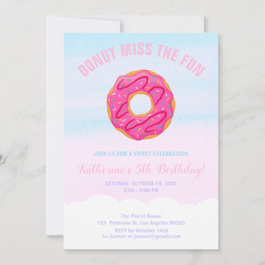 ピンクスイートベビーガールドーナ恋しく思ツザおもしろい誕生日 招待状 (正面)