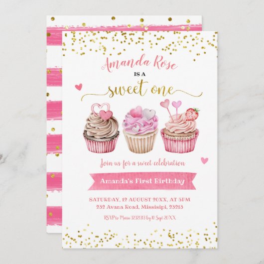 ピンクスイートワンガール誕生日招待状 招待状 (正面/裏面)