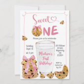 ピンクスイートワンバースデーパーティーイラストレーション 招待状 (正面)