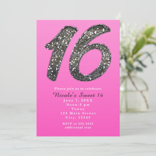 ピンクスイート16シルバーグリッターパーティの招待状 招待状 (スタンド正面)