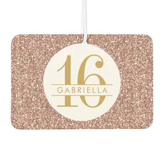 ピンクスイート16バラ金ゴールドパーソナライズされたグリッター カーエアーフレッシュナー (正面)