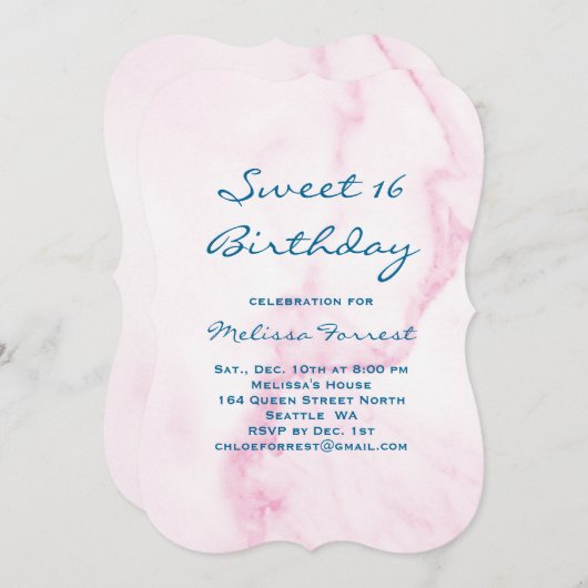 ピンクスイート16大理石誕生日招待状 招待状 (正面/裏面)