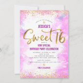 ピンクスイート16水彩金ゴールド誕生日モダン はっきりした 招待状 (正面)
