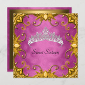 ピンクスイート16誕生日パーティー金ゴールドホワイトティアラ 招待状 (正面/裏面)
