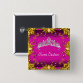 ピンクスイート16誕生日パーティー金ゴールドホワイトティアラ 缶バッジ (正面&裏面)