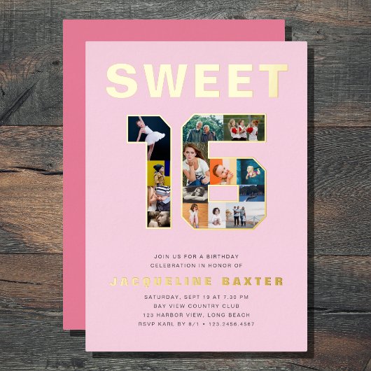 ピンクスイート16誕生日写真金ゴールド 箔招待状