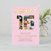 ピンクスイート16誕生日写真金ゴールド 箔招待状 (立ち正面)