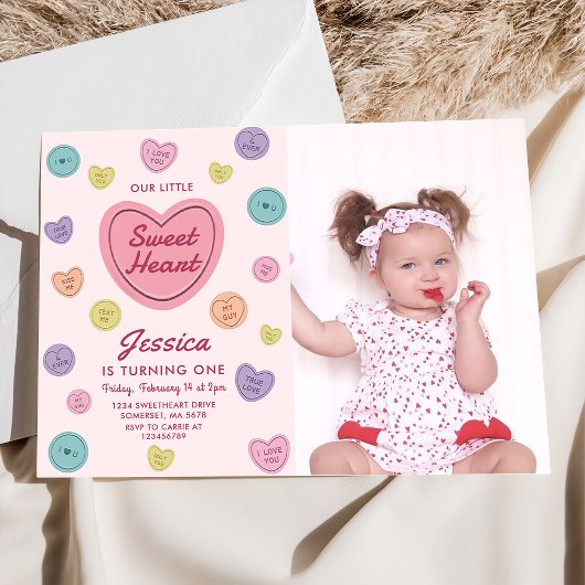 ピンクスウィートキャンディバレンタイン誕生日写真 招待状