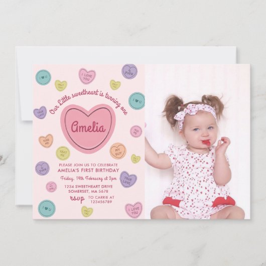 ピンクスウィートキャンディバレンタイン誕生日写真 招待状 (正面)