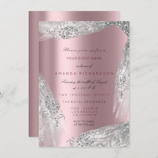 ピンクスウィート16ブライダルシルバーグレーバラマウヴ 招待状 (正面/裏面)