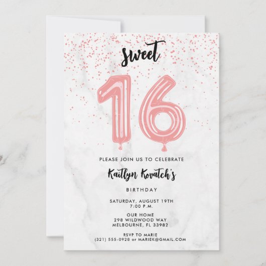 ピンクスウィート16歳の誕生日パーティー 招待状 (正面)