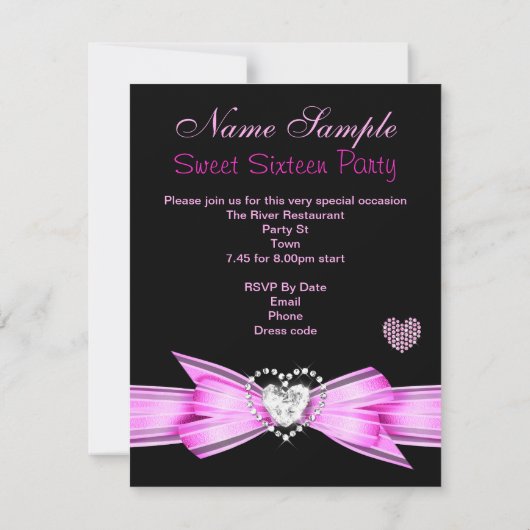 ピンクスウィート16誕生日ダイアモンドティアラ 招待状 (裏面)