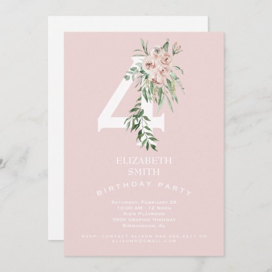 ピンクスウィート4th誕生日パーティの招待状 招待状 (正面/裏面)