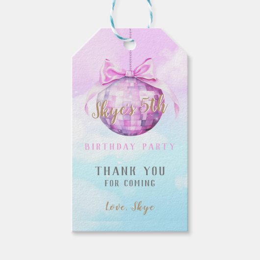 ピンクスカイディスコボールガール誕生日招待状 ギフトタグ (正面)