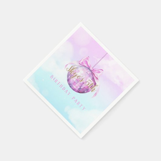ピンクスカイディスコボールガール誕生日招待状 スタンダードカクテルナプキン (角)