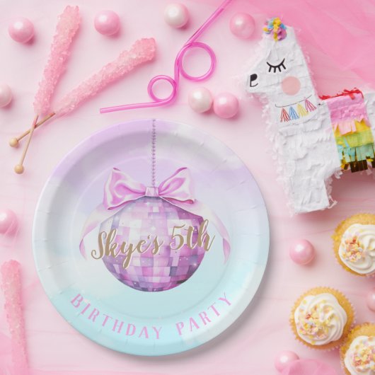 ピンクスカイディスコボールガール誕生日招待状 ペーパープレート (パーティー)