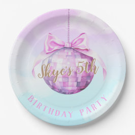 ピンクスカイディスコボールガール誕生日招待状 ペーパープレート