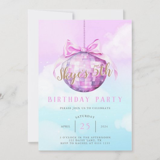 ピンクスカイディスコボールガール誕生日招待状 招待状 (正面)