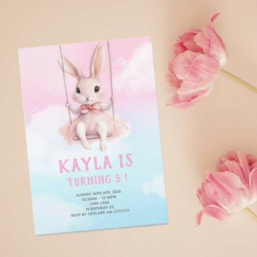 ピンクスカイバニーオンスイング誕生日招待状イースター 招待状