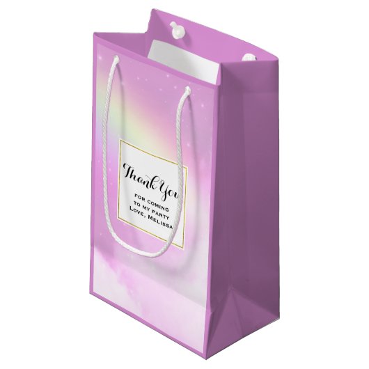 ピンクスカイフワフワ雲とレインボーパーティーありがとう スモールペーパーバッグ (正面アングル)