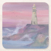 ピンクスカイ付き沿岸ブラッフライトハウス スクエアペーパーコースター (正面)