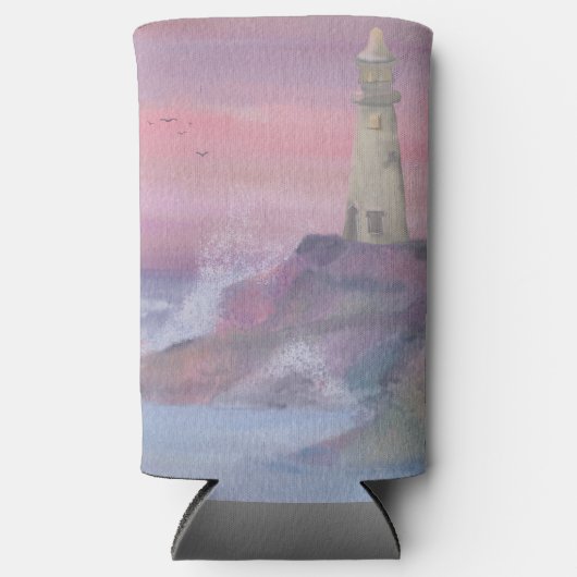 ピンクスカイ付き沿岸ブラッフライトハウス スリム缶クーラー (正面)