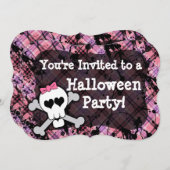 ピンクスカルかわいい女の子のハローウィンパーティ招待状 招待状 (正面/裏面)