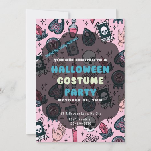 ピンクスカルタロットキャンドル結晶ハロウィーン 招待状 (正面)