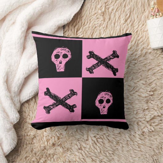 ピンクスカルブラックとピンク市松模様にボードパターン クッション (ブランケット)