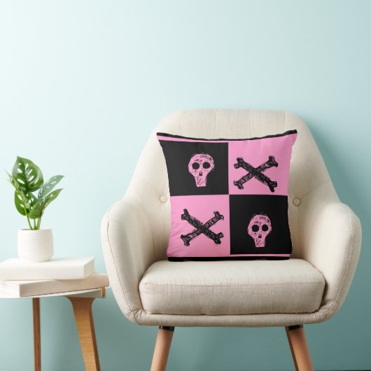ピンクスカルブラックとピンク市松模様にボードパターン クッション (椅子)