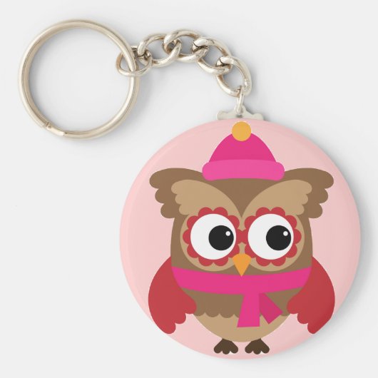 ピンクスカーフボタンキーチェーン付きピンクフクロウ キーホルダー (正面)
