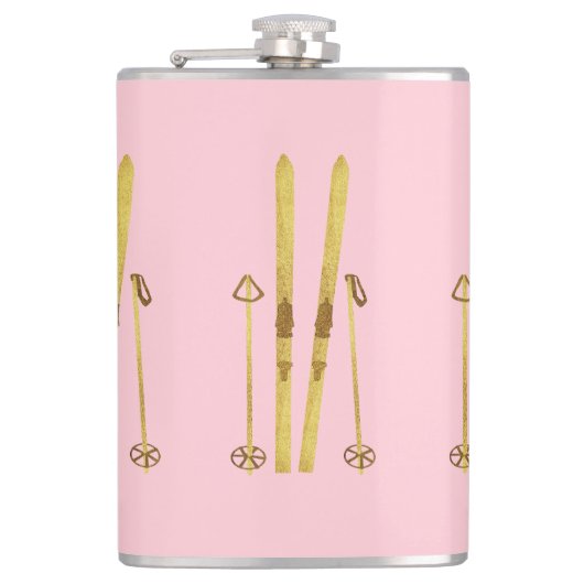 ピンクスキーとポール |ヴィンテージスキーイラストレーション フラスク (正面)