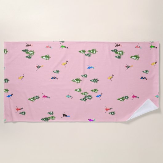 ピンクスキーヤースキー開場クリスマススキーホリデー ビーチタオル (正面)