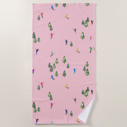 ピンクスキーヤースキー開場クリスマススキーホリデー ビーチタオル (正面)