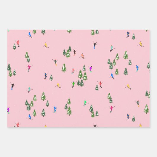 ピンクスキーヤースキー開場クリスマススキーホリデー ラッピングペーパーシート (正面2)