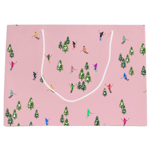 ピンクスキーヤースキー開場クリスマススキーホリデー ラージペーパーバッグ (正面)