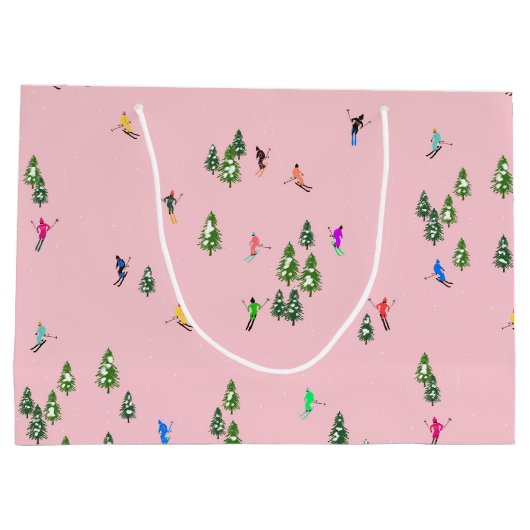 ピンクスキーヤースキー開場クリスマススキーホリデー ラージペーパーバッグ (裏面)